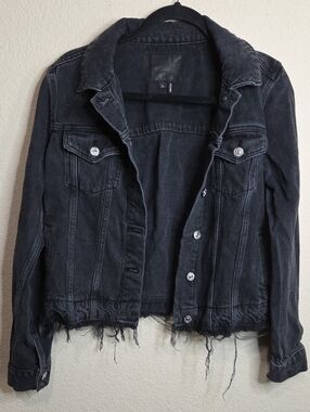 PAIGE Black Distressed Denim Trucker Jacket